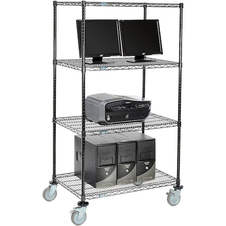 Nexel 4-Shelf Mobile Wire Computer LAN Workstation, 36inW x 24inD x 69inH, Black 695396BK